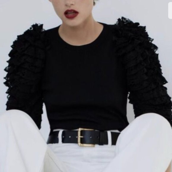 Zara black ruffled balloon sleeve top size small knit - Picture 1 of 8